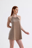 Sellie-Luna Halka Detaylı Mini Elbise - Bej-Elbise-4-Milagron.com