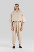 Sertaç Taşdelen-Açık Kahverengi %100 Keten Beli Lastikli Bol Paça Erkek Pantolon Model P 06-Pantolon-2-Milagron.com