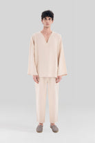 Sertaç Taşdelen-Açık Kahverengi %100 Keten V Yaka Oversized Erkek T-shirt Model T 18-T-Shirts-1-Milagron.com