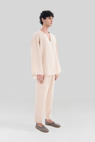 Sertaç Taşdelen-Açık Kahverengi %100 Keten V Yaka Oversized Erkek T-shirt Model T 18-T-Shirts-2-Milagron.com