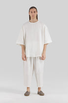 Sertaç Taşdelen-Beyaz %100 Keten Beli Lastikli Erkek Pantolon Model P 05-Pantolon-1-Milagron.com