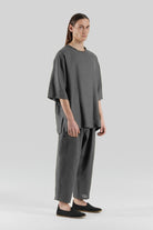 Sertaç Taşdelen-Gri %100 Keten Beli Lastikli Erkek Pantolon Model P 07-Pantolon-2-Milagron.com