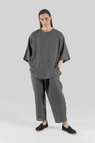 Sertaç Taşdelen-Gri %100 Keten Yuvarlak Yaka Oversized Erkek T-shirt Model T 14-T-Shirts-1-Milagron.com