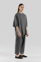 Sertaç Taşdelen-Gri %100 Keten Yuvarlak Yaka Oversized Erkek T-shirt Model T 14-T-Shirts-2-Milagron.com