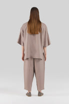 Sertaç Taşdelen-Koyu Kahverengi %100 Keten Beli Lastikli Bol Paça Erkek Pantolon Model P 04-Pantolon-5-Milagron.com