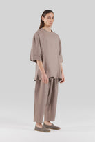 Sertaç Taşdelen-Koyu Kahverengi %100 Keten Yuvarlak Yaka Oversized Erkek T-shirt Model T 06-T-Shirts-2-Milagron.com