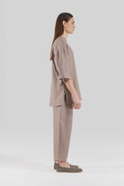 Sertaç Taşdelen-Koyu Kahverengi %100 Keten Yuvarlak Yaka Oversized Erkek T-shirt Model T 06-T-Shirts-4-Milagron.com