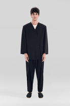 Sertaç Taşdelen-Siyah %40 Pes %60 Naylon Yakasız Kruvaze Oversized Erkek Ceket Model J 02-Ceket-1-Milagron.com