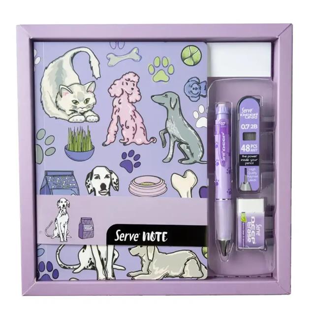 Serve-Kedi Ve Köpek Desenli Defter Seti — Lavanta (Kutulu)-Defter-1-Milagron.com