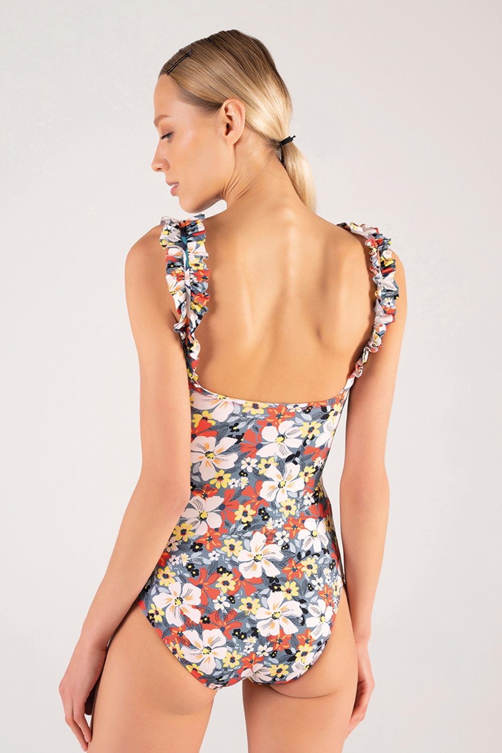 Shikoo Swimwear-Gri Fırfır Askılı Çiçekli Mayo-Bikini & Mayo-2-Milagron.com