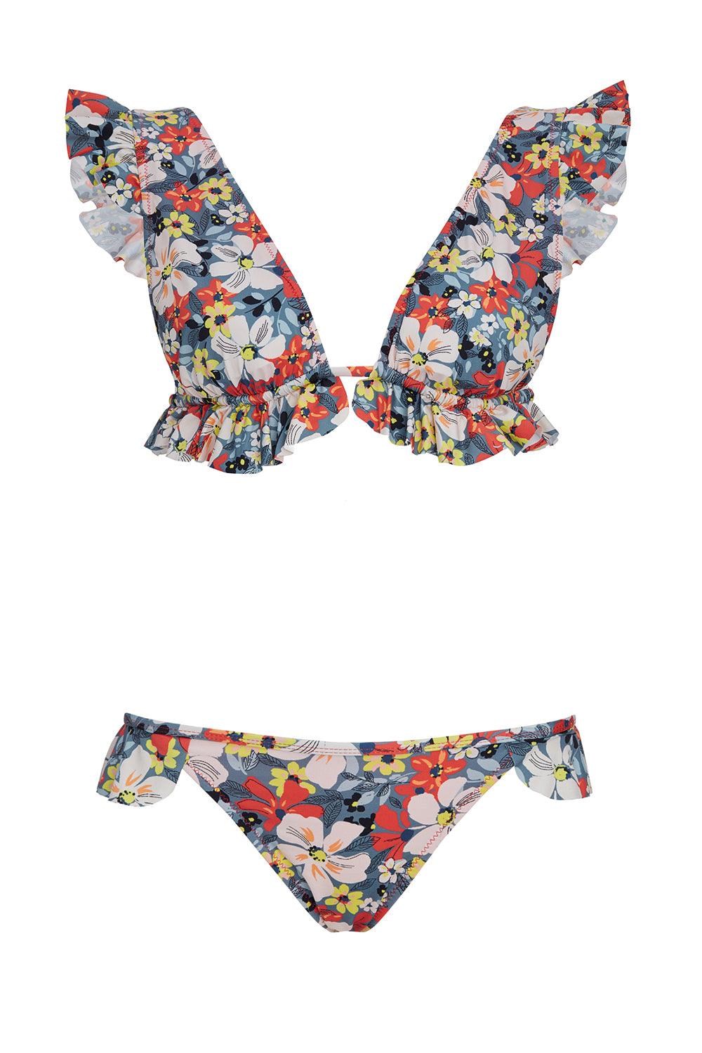 Shikoo Swimwear-Gri V Yaka Çiçekli Bikini Takımı-Bikini & Mayo-1-Milagron.com