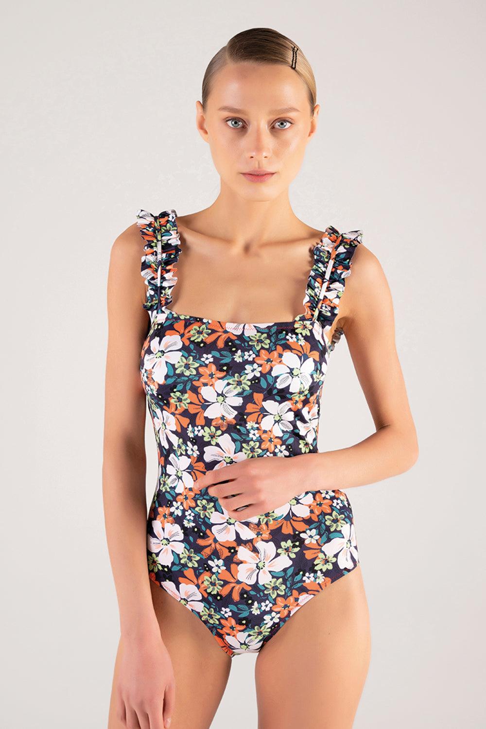 Shikoo Swimwear-Lacivert Fırfır Askılı Çiçekli Mayo-Bikini & Mayo-1-Milagron.com