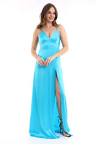 Silk Parade-Saf İpek Saten Mavi Gece Elbisesi-Elbise-1-Milagron.com