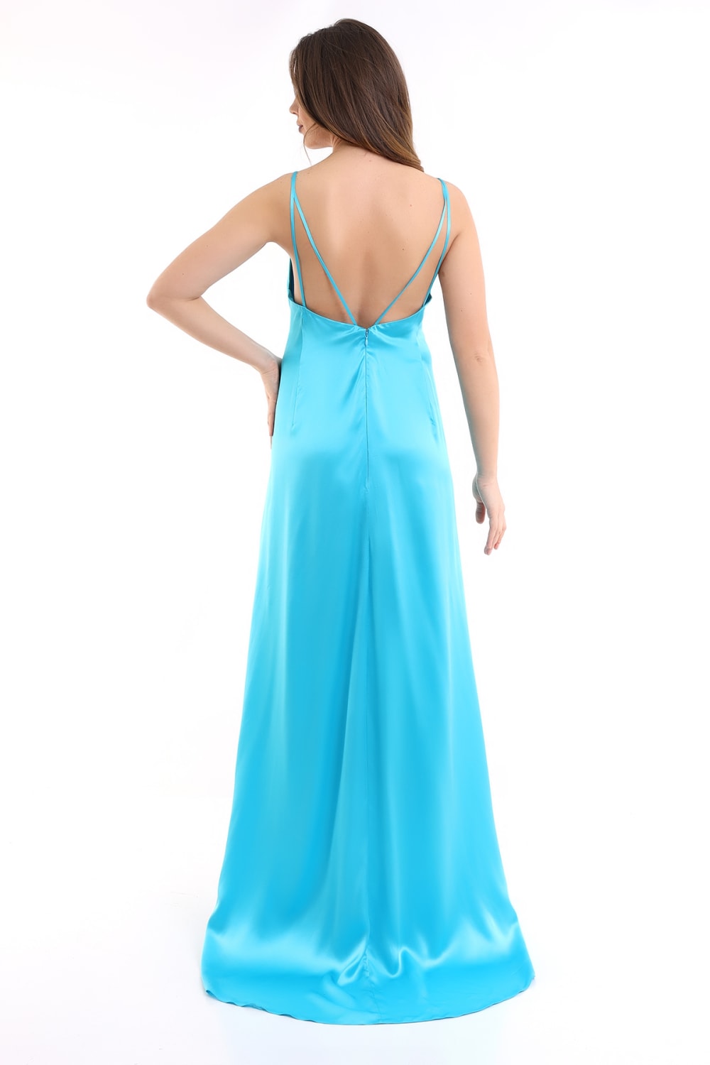 Silk Parade-Saf İpek Saten Mavi Gece Elbisesi-Elbise-3-Milagron.com