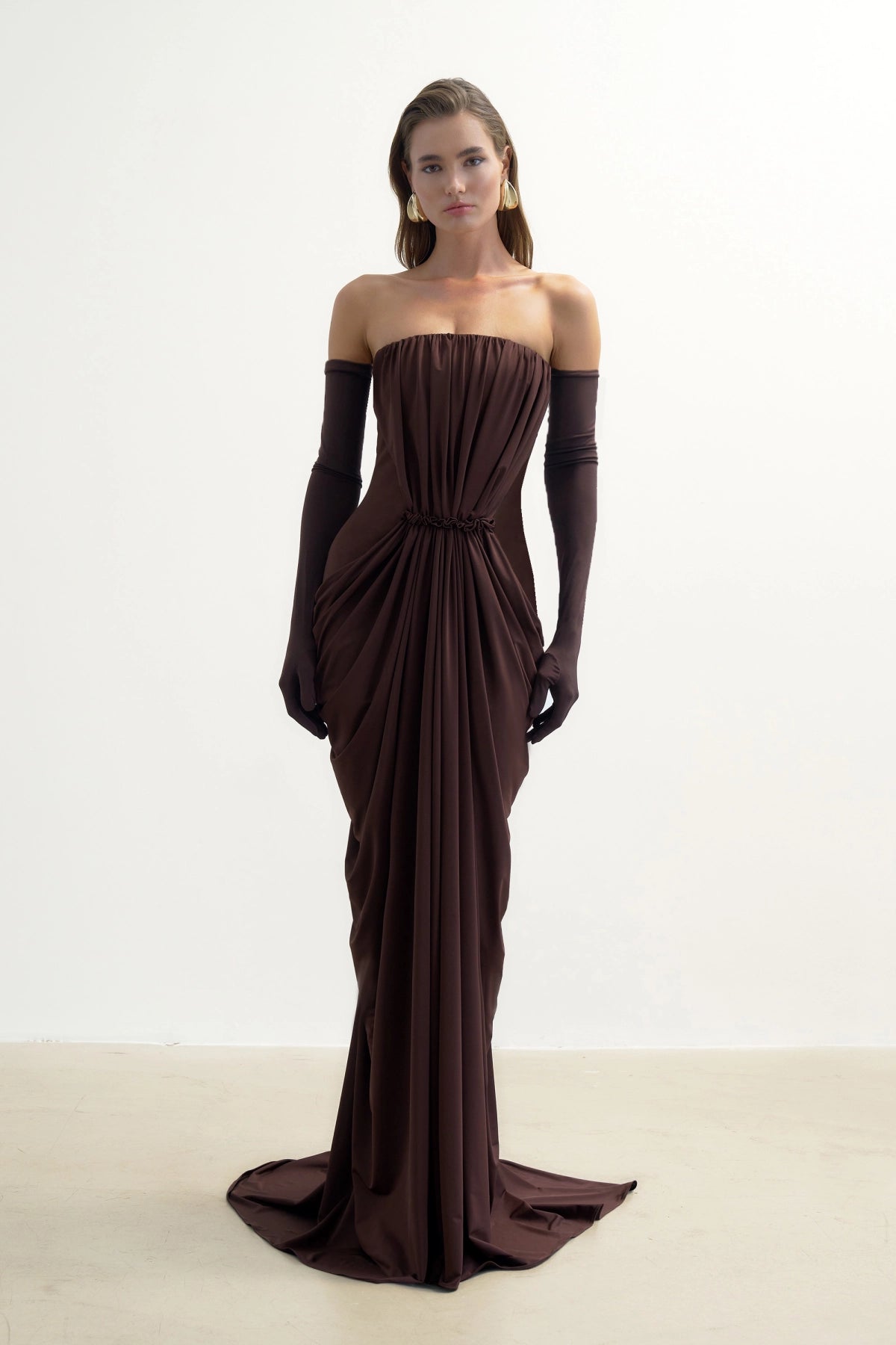 Kahverengi Drape Detayli Straplez Maxi ElbiSe