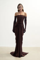 Kahverengi Drape Detayli Straplez Maxi ElbiSe