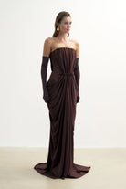 Kahverengi Drape Detayli Straplez Maxi ElbiSe
