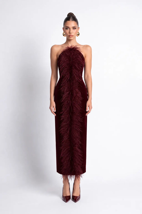 Tüy Detaylı Kadife Bodycon Midi Elbise - Bordo