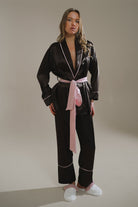 Aci Kahve-Pudra Miks Saten Şal Yaka KiMono-Pantolon Takim