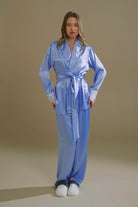 Buz Mavi Saten Şal Yaka KiMono-Pantolon Takim
