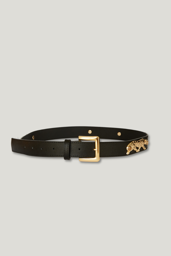 Siyah Gold Leopar Figürlü Vegan Deri Kemer