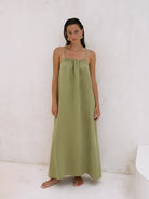 The Handloom-Bliss Flow Maxi Dress Khaki Green-Elbise-1-Milagron.com