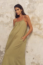 The Handloom-Bliss Flow Maxi Dress Khaki Green-Elbise-4-Milagron.com