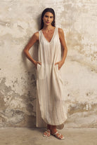 The Handloom-Day Break Dress Natural With Stripes-Elbise-1-Milagron.com