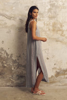 The Handloom-Day Break Dress Navy With Stripes-Elbise-3-Milagron.com