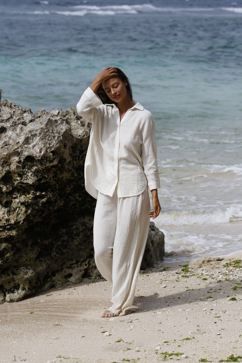 The Handloom-Echo Maxi Shirt Natural With Gold Stripes-Gömlek-2-Milagron.com