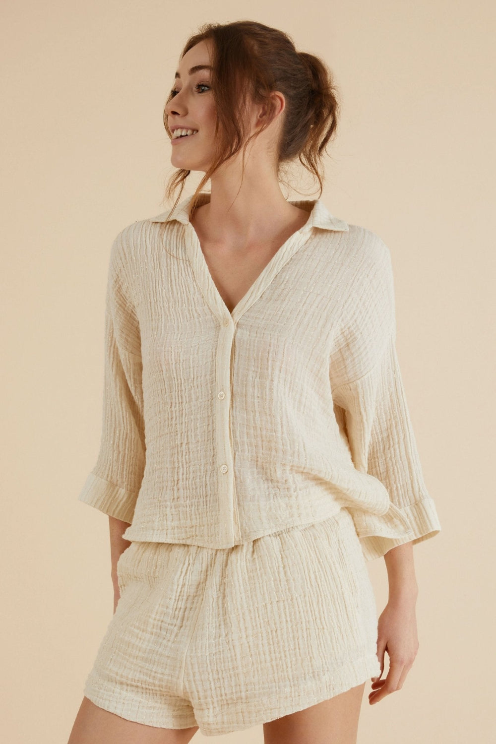 The Handloom-Echo Mini Shirt Natural With Gold Stripes-Gömlek-5-Milagron.com