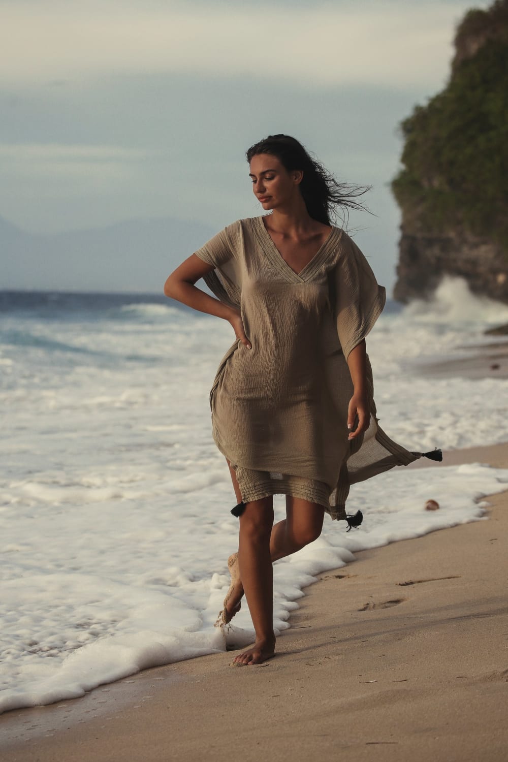 The Handloom-Ela Kaftan Khaki Green-Kaftan-2-Milagron.com