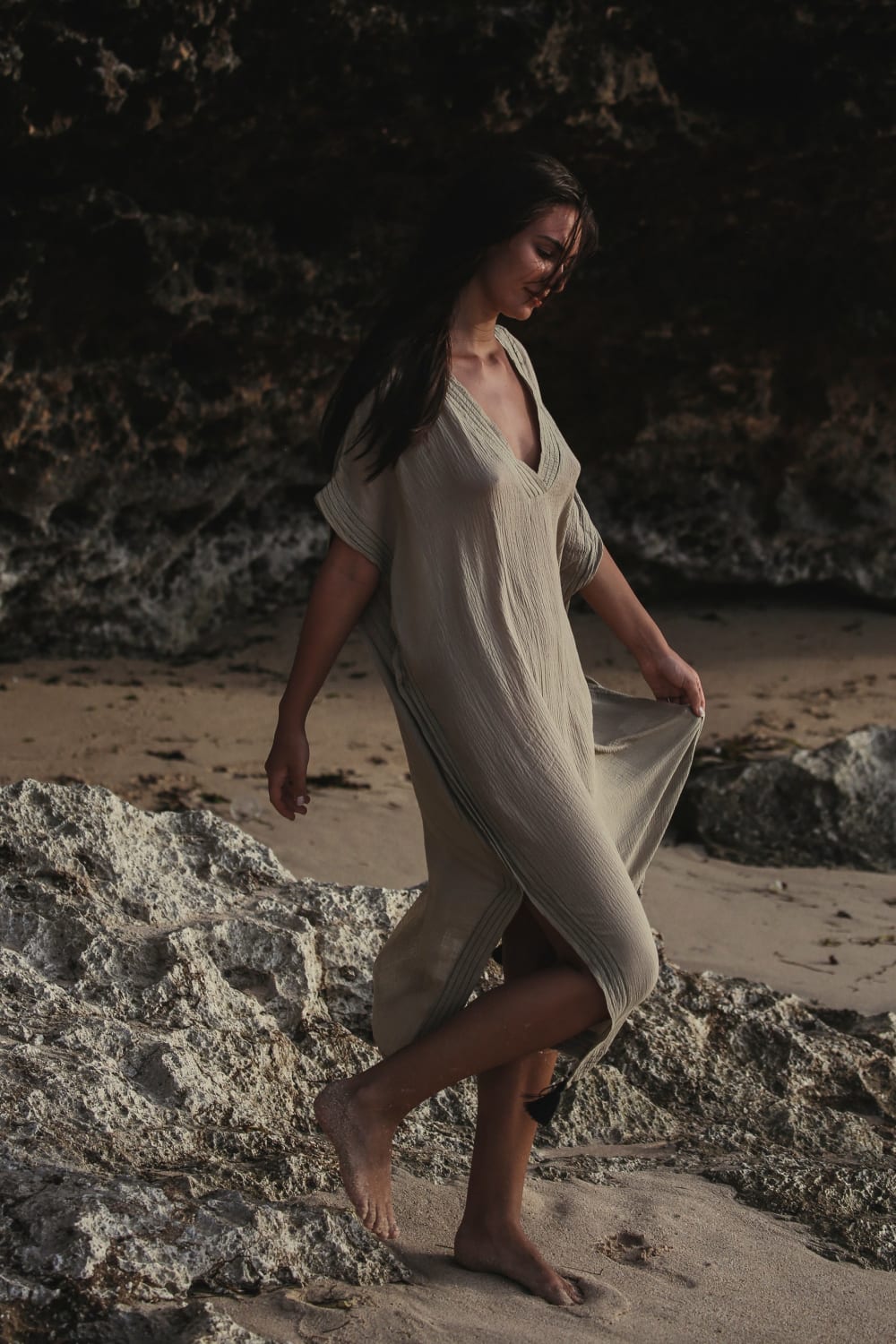 The Handloom-Ela Kaftan Khaki Green-Kaftan-5-Milagron.com