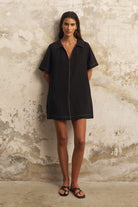The Handloom-Mae Popover Mini Dress Black-Elbise-2-Milagron.com