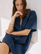 The Handloom-Mae Popover Mini Dress Navy-Elbise-3-Milagron.com