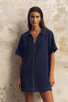 The Handloom-Mae Popover Mini Dress Navy-Elbise-1-Milagron.com