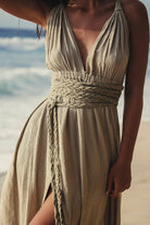 The Handloom-Muse Braided Straps Dress Khaki Green-Elbise-3-Milagron.com