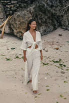 The Handloom-Skye Palazzo Pants Natural With Gold Stripes-Pantolon-1-Milagron.com