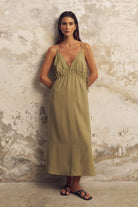 The Handloom-Sofia Ties Maxi Dress Khaki Green-Elbise-1-Milagron.com