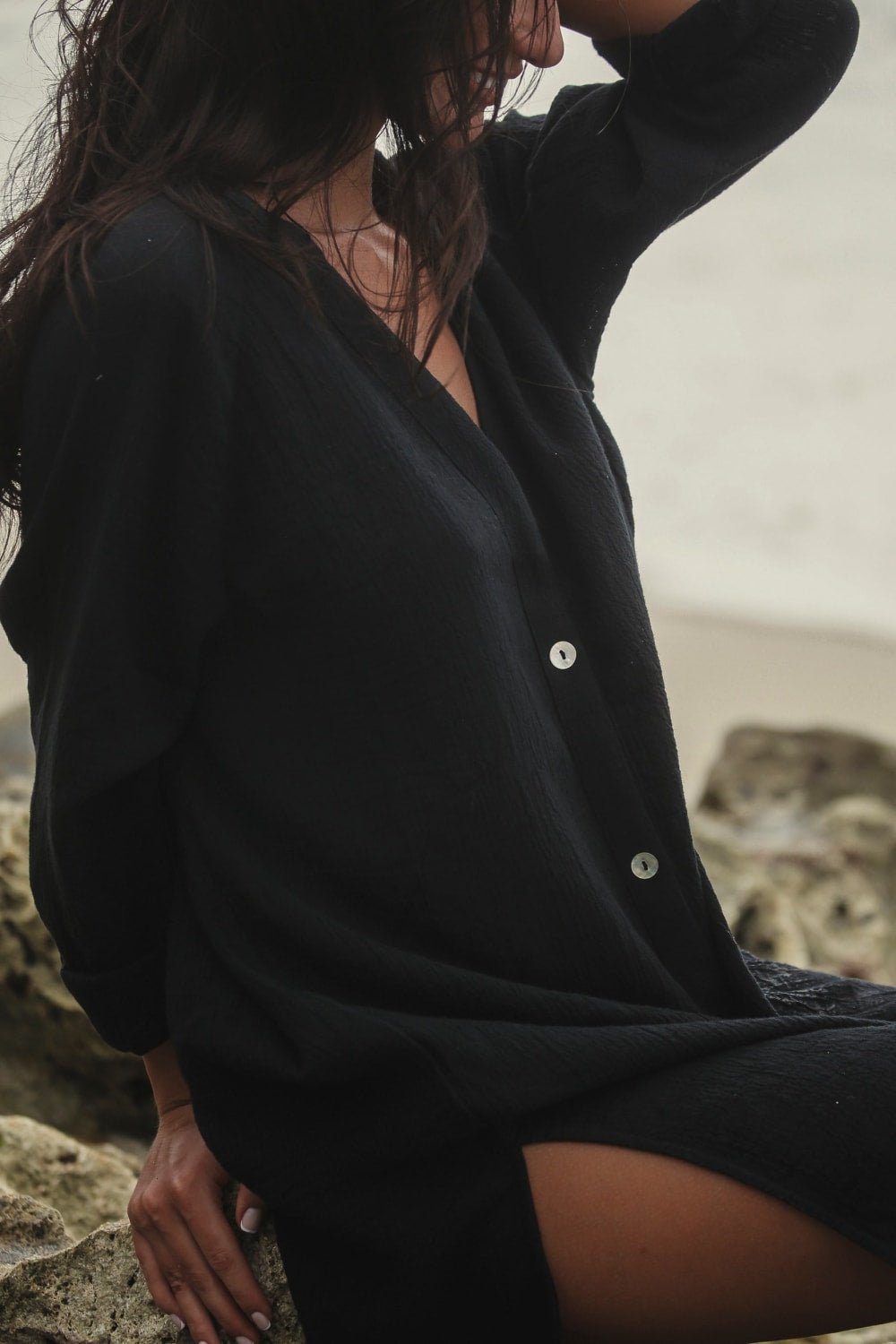 The Handloom-Terra Shirt Dress Black-Elbise-3-Milagron.com