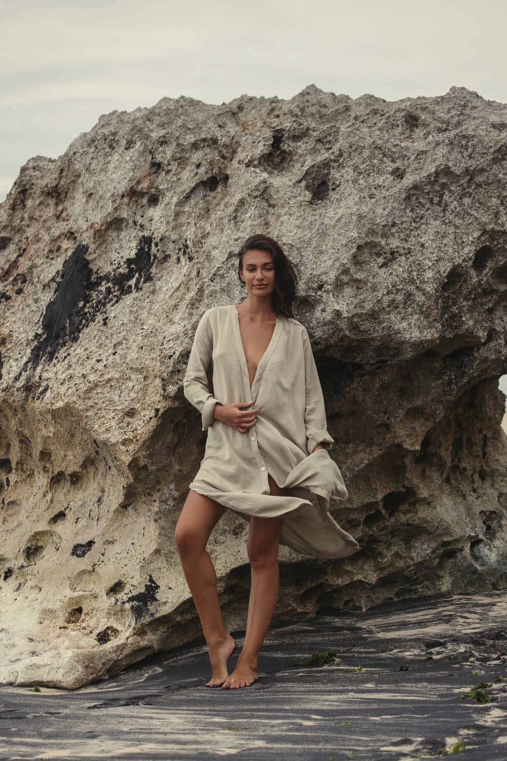 The Handloom-Terra Shirt Dress Khaki Green-Elbise-3-Milagron.com