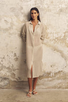 The Handloom-Voyage Shirt Dress Khaki Green Stripes-Elbise-1-Milagron.com
