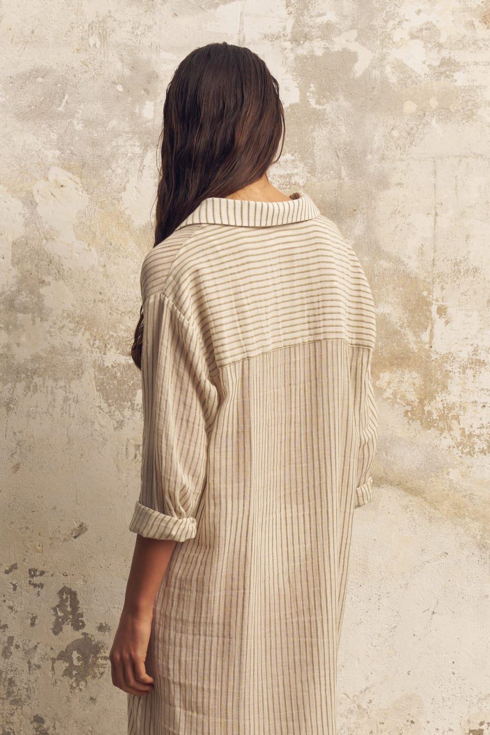 The Handloom-Voyage Shirt Dress Khaki Green Stripes-Elbise-5-Milagron.com