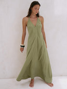 The Handloom-Zoe Maxi Dress Khaki Green-Elbise-1-Milagron.com
