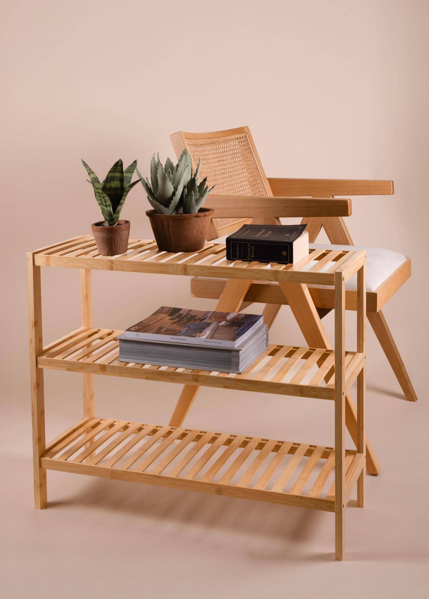 Bambu 3 Katlı Düzenleyici Dolap Raf Ayakkabılık 70X59X26 Cm