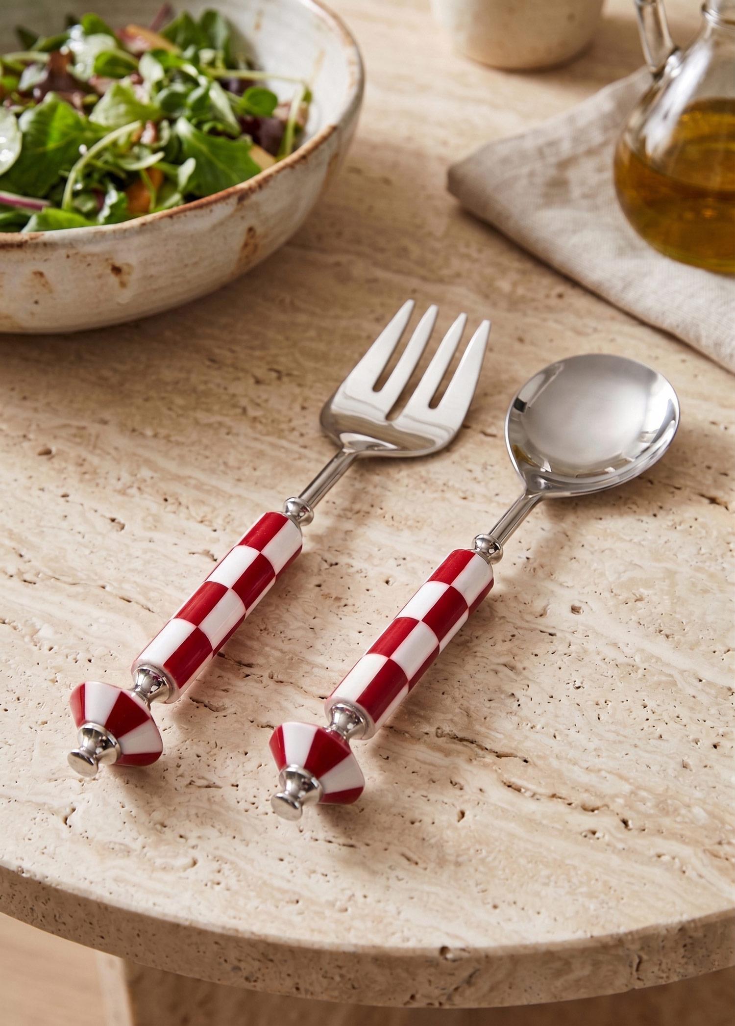 Gingham Salata Servis Takımı Kırmızı Beyaz 2 Parça