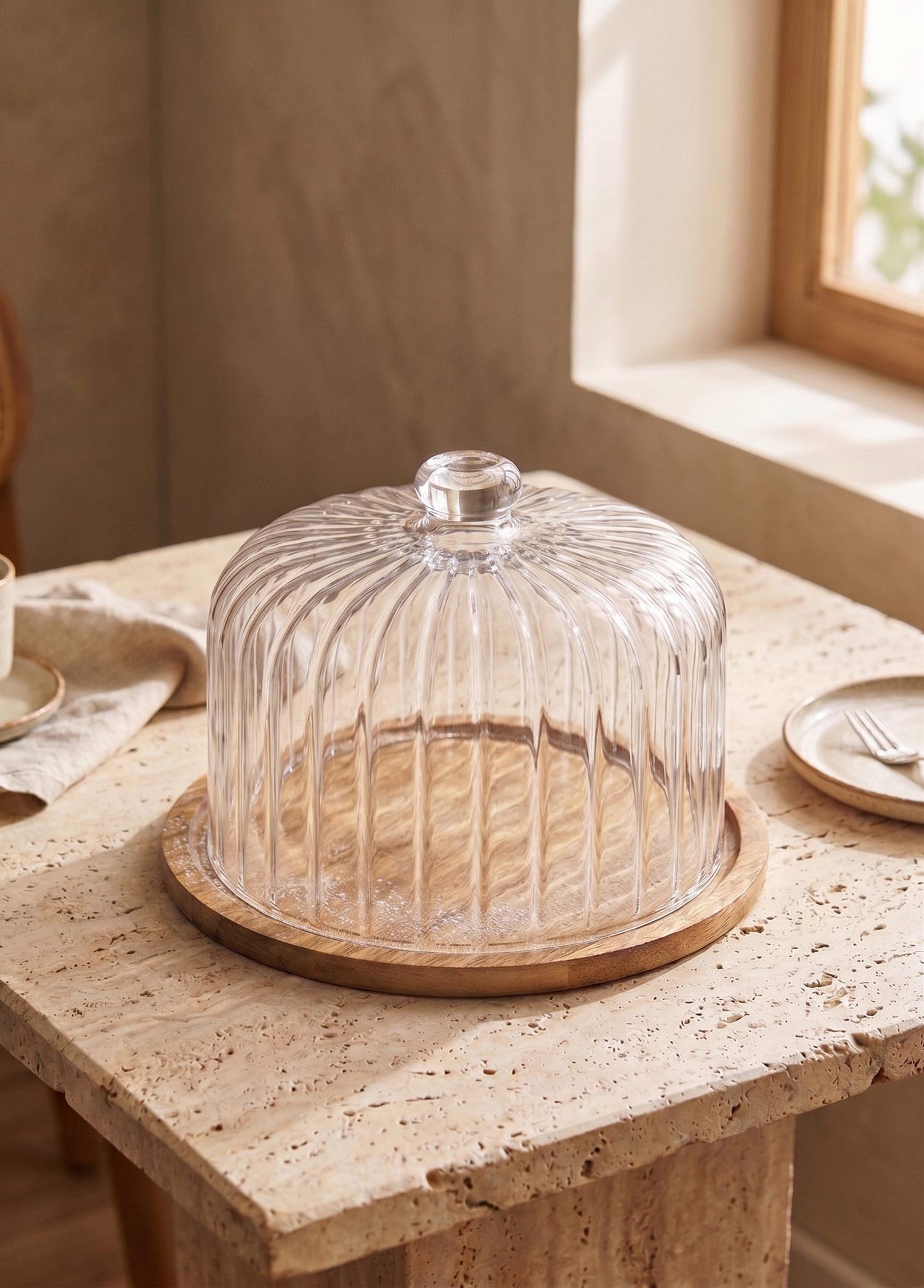 Madera Yuvarlak Kek Saklama Fanusu 30X30X20 Cm