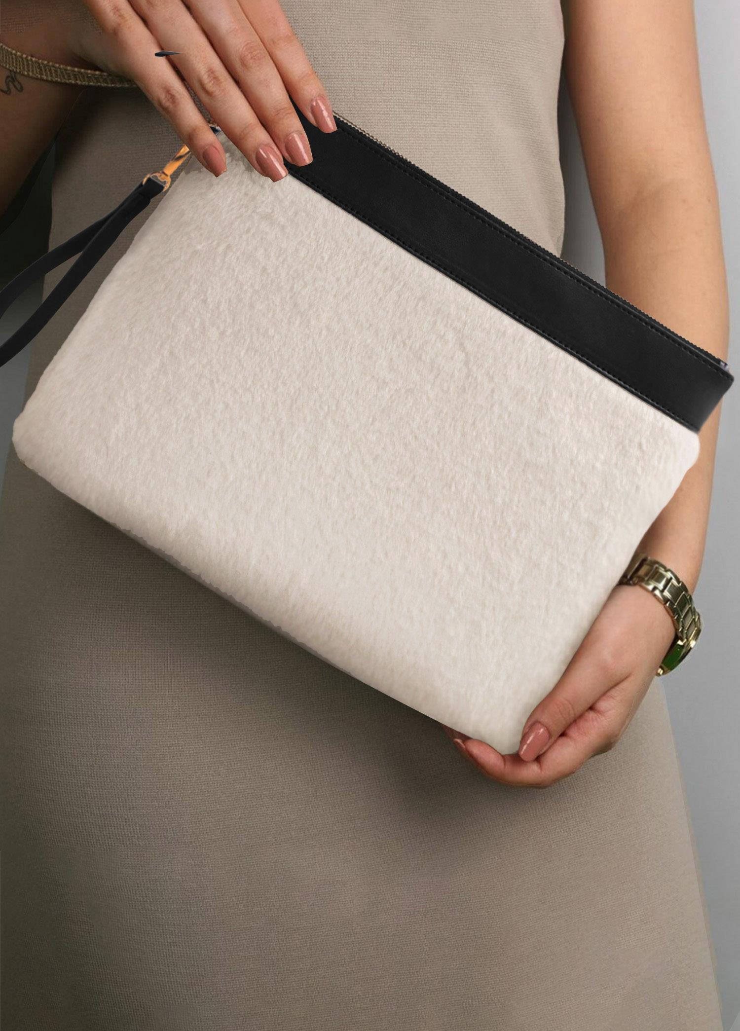 Peluş Clutch Çanta Beyaz 26X33 Cm