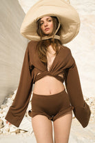 Tiny-Bağlamalı Yarasa Kol Kahverengi Bluz-Bluz-1-Milagron.com