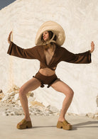 Tiny-Bağlamalı Yarasa Kol Kahverengi Bluz-Bluz-2-Milagron.com